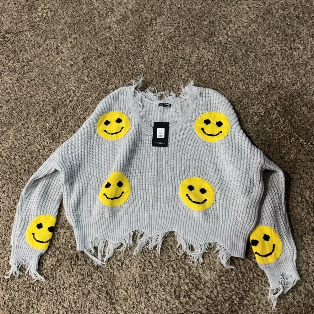 Fashion Nova Gray V-Neck Sweater with Yellow Smiley Faces